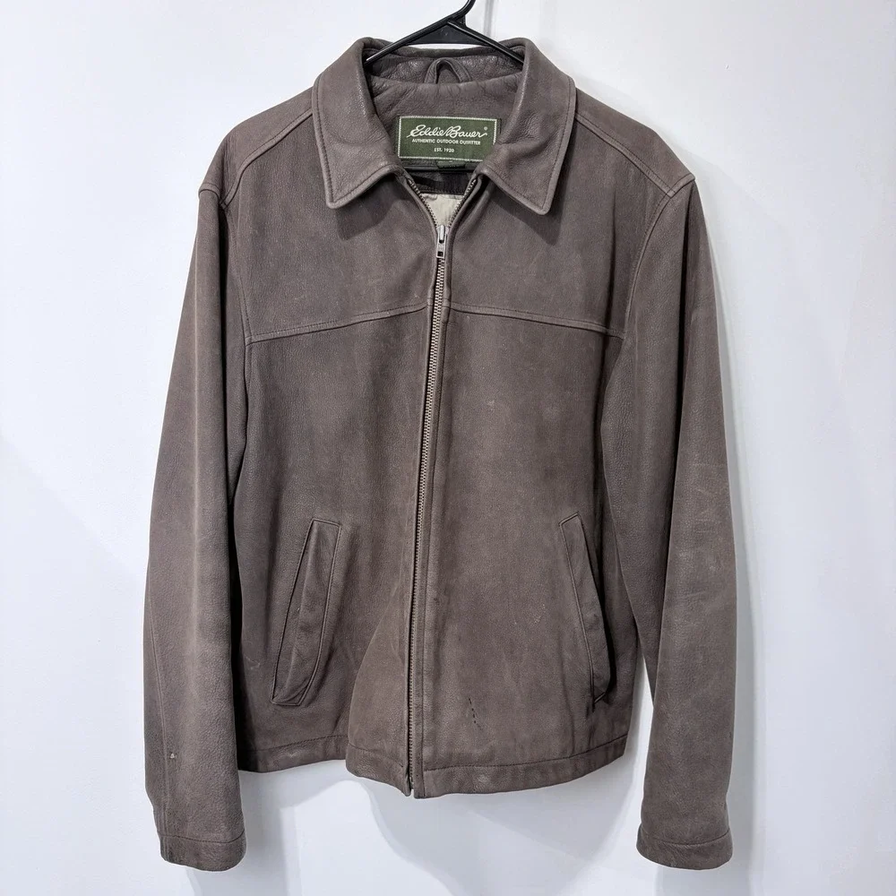 Eddie Bauer Brown Suede Leather Jacket Aviator Coat Mens M VTG Full Zip